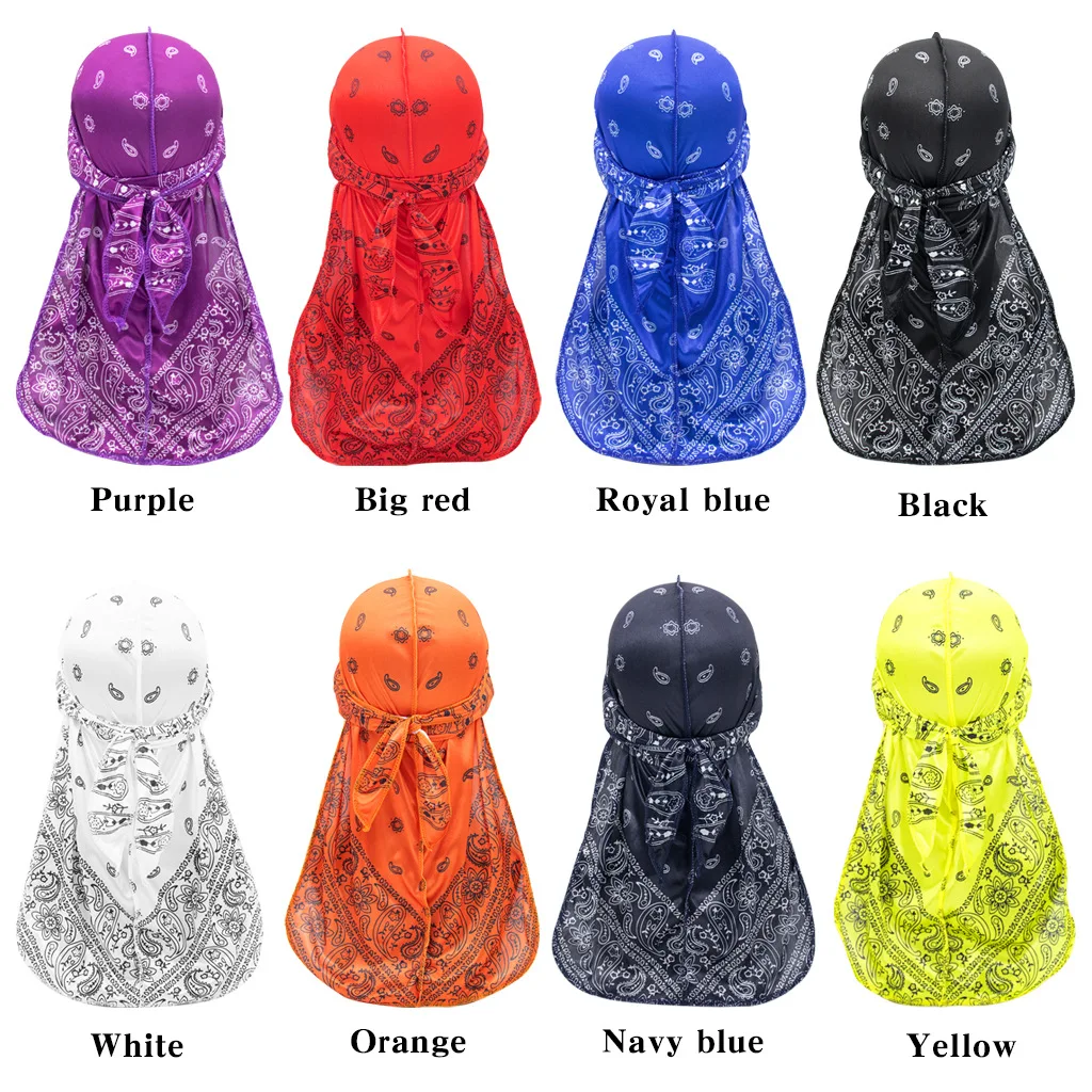 

Satin men Stretchy Cap Hip Hop Du Doo Rag Durag Wigs Turban Bandana Headwear Solid Color long Hat Tie Down tail Hair Accessories