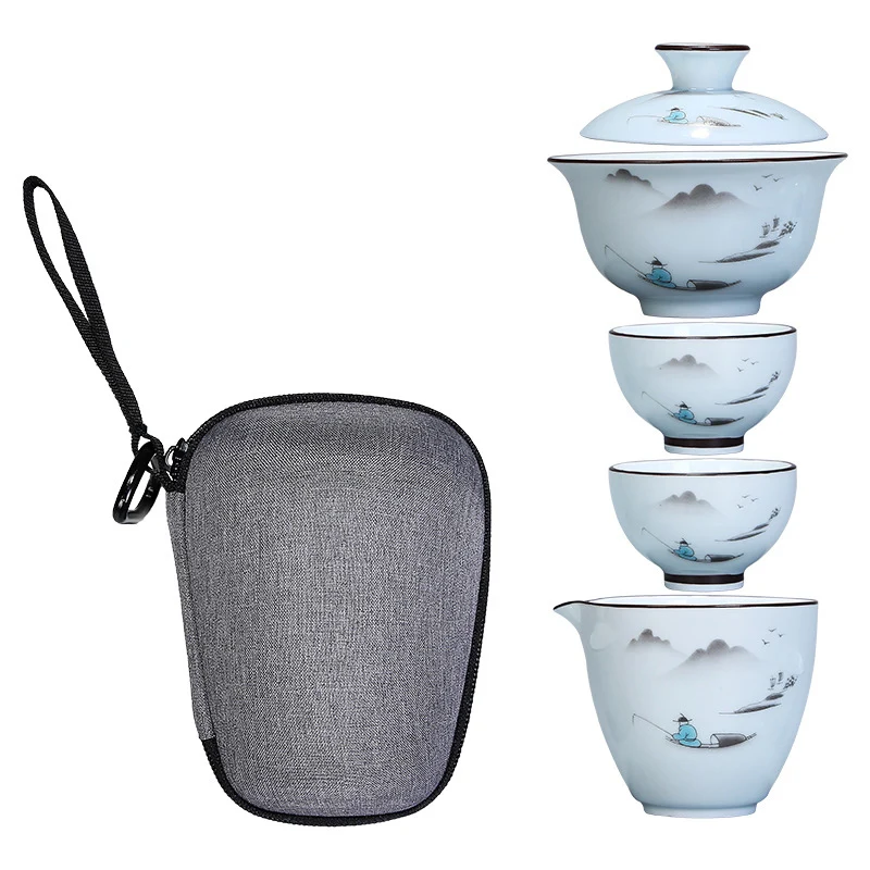 Chinese Kung Fu Tea Set Ceramic Portable Teapot Travel Gaiwan Cups of Ceremony Teacup Fine Gift With Bag | Дом и сад