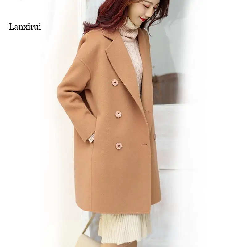 

Wool pockets double breasted turn down collar long sleeve oversized loose casual fall winter long coat jackets women peacoat