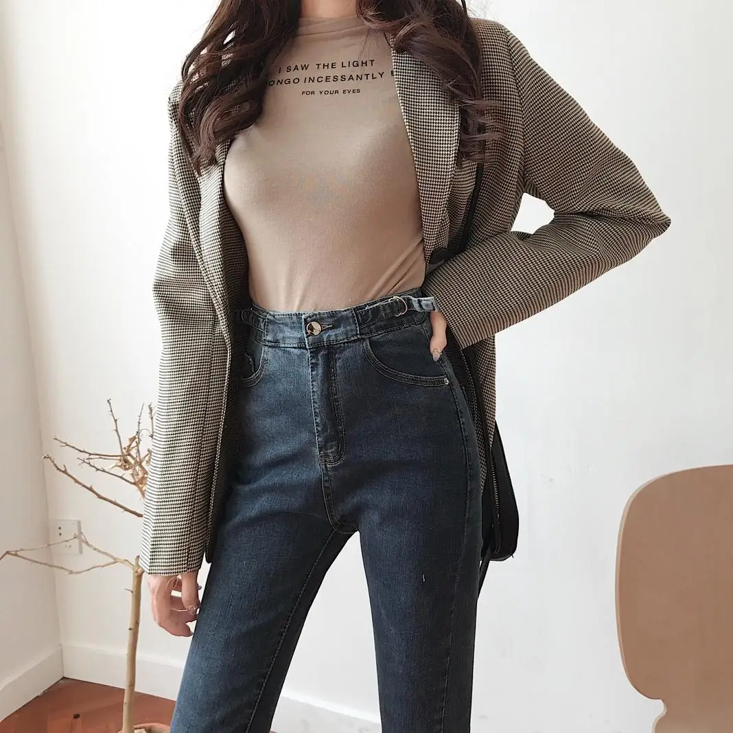 

Fashion high waist slim slim chic waist pencil pants high waist stretch jeans 2021 hot pants