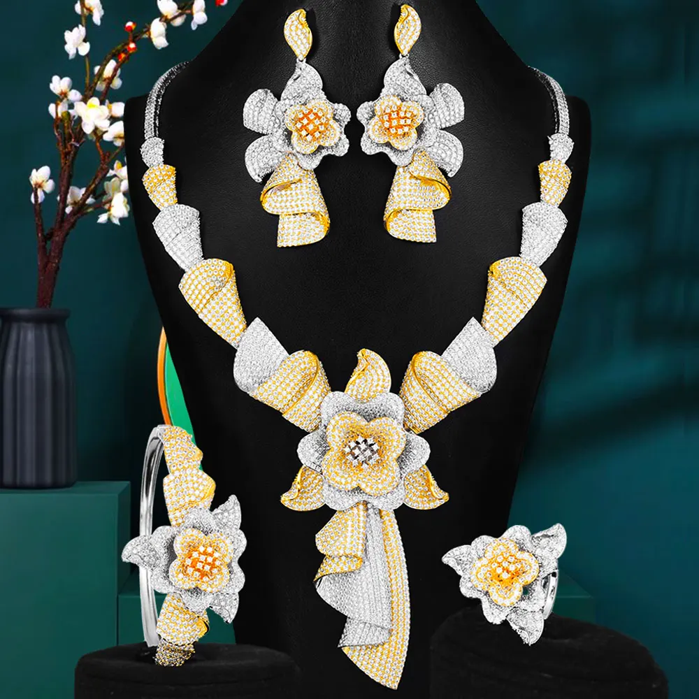

GODKI, 4 шт., роскошные цветы, набор украшений для женщин, свадьбы, вечеринки, кубического циркония, Дубаи, индийские украшения для невесты 2020