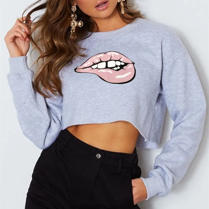 Hirigin Sexy Lips Printed Crop Top Women Sweatshirts 2020 New Long Sleeve Women Hoodies Fashion Steetwear Pullovers Hot Autumn