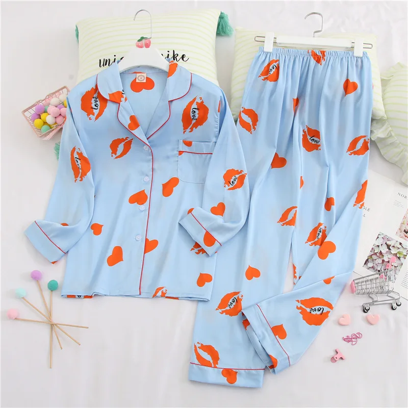 Создание 101 шелковые пижамы для женщин милый фруктовый принт с длинными рукавами