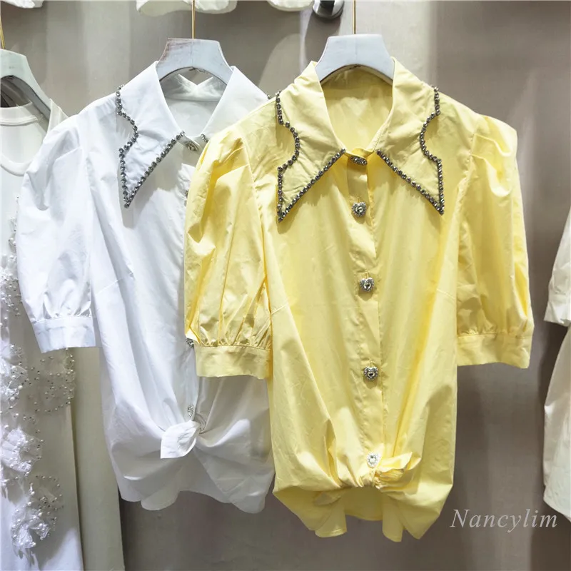 

Shirt for Women 2021 Summer Exquisite Rhinestone Doll Collar Solid Color Blouse Short Sleeve Drill Buckle Top Lady Blusas