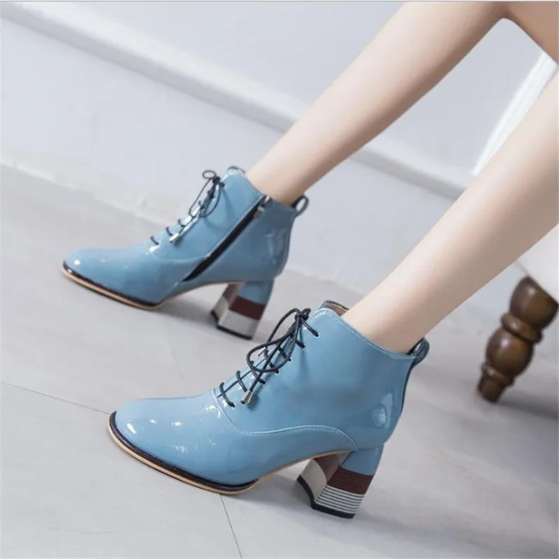 

BZBFSKY Fashion Zipper Square High Heels Boots Women 2021 Autumn Winter Patent Leather Ankle Boots Woman Round Toe Lace Up Shoes