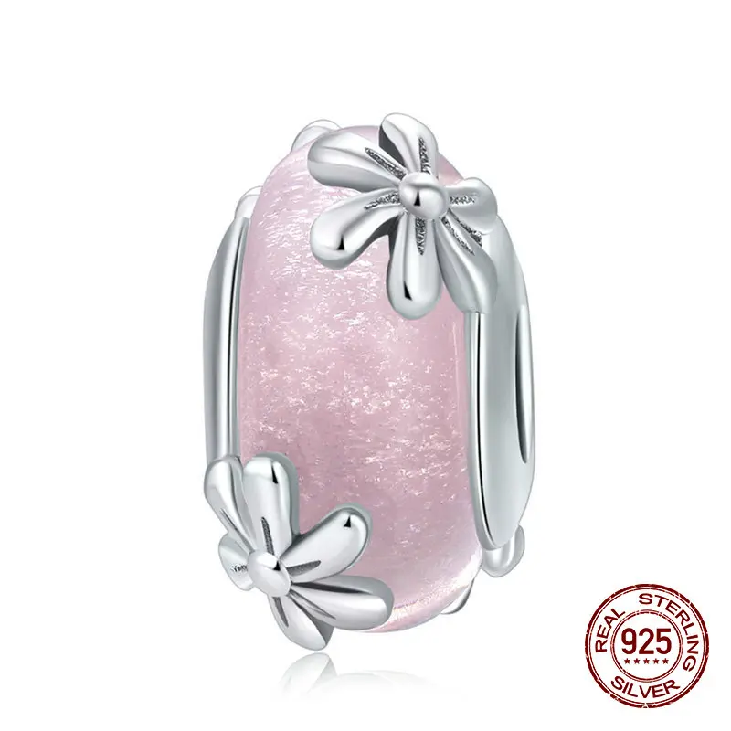 Подлинные розовые стеклянные бусины из стерлингового серебра 925 пробы весенние