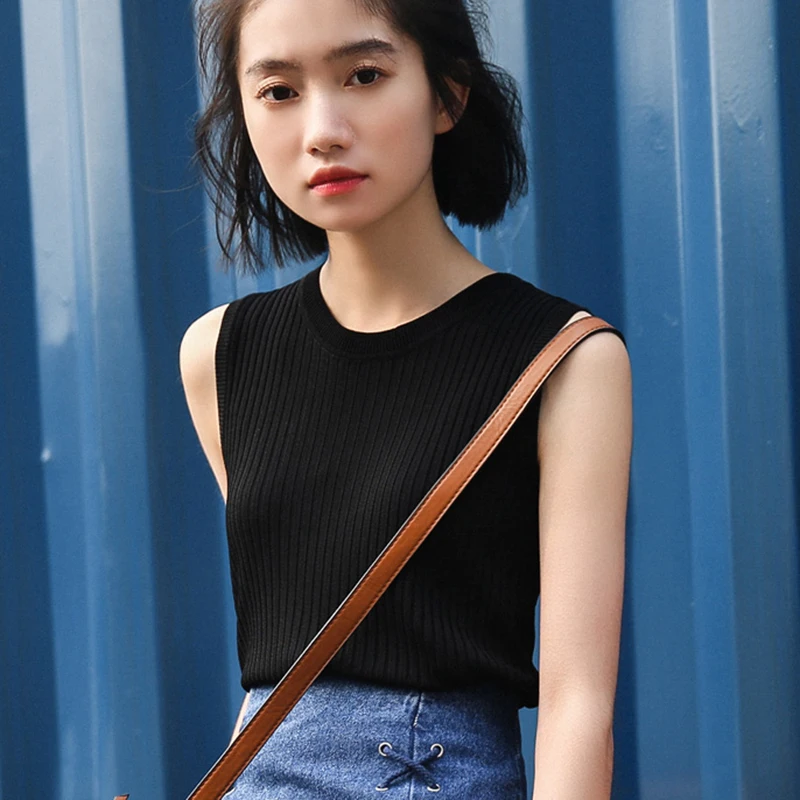 Вязаный топ без рукавов с круглым вырезом женский жилет однотонный тонкий белый