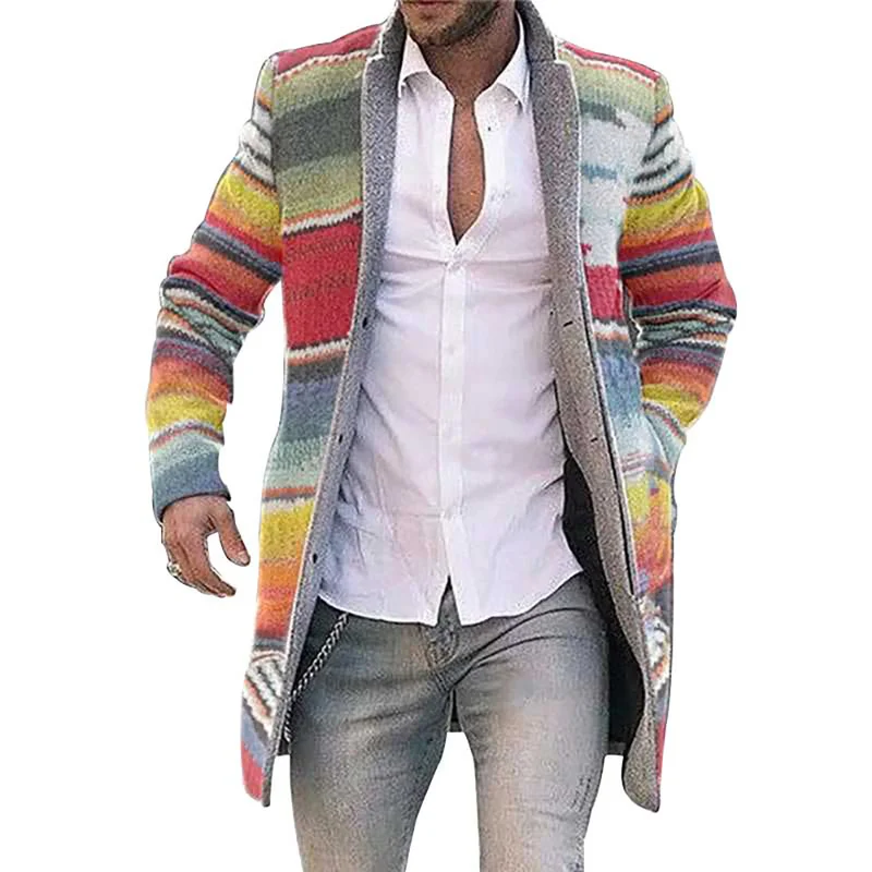 

Mens Jacket Colorful Striped Trench Coat Male Long Sleeve Cardigan Outwear Stand Collar Long Overcoat Men Luxury Clothing Men