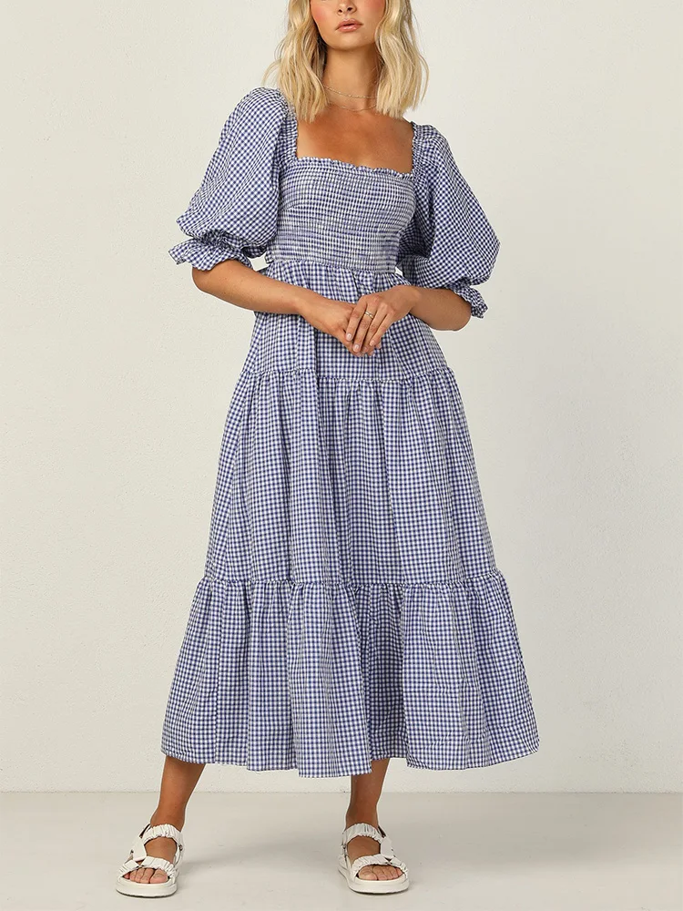 

Summer Clothes For Women Dresses 2022 Smocked Tiered Belted Elegant Midi Dress Square Neck Puff Sleeve Casual Gingham Dress