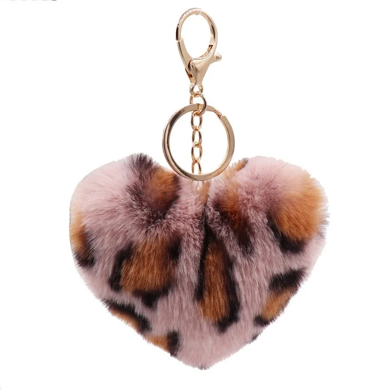 Artificial Rabbit Fur Pom-pom Keychain Leopard-print Pom-pom Keychain Lady Mobile Phone Bag Key Ring Love Pendant Decoration