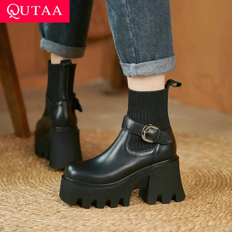 

QUTAA 2022 Platform Round Toe Ankle Boots Autumn Winter High Heel Women Shoes Knitting Fashion Female Pumps Size 34-39
