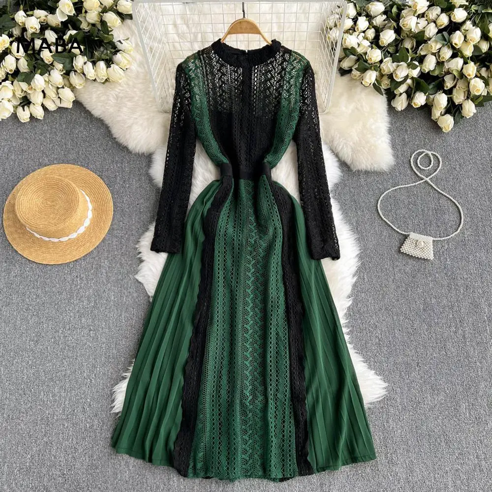 

High Quality Runway Dresses 2021 Autumn Women O-neck High Waist Lace Hit Color Patchwork Pleated Maxi Dress Prom Dresses Robes