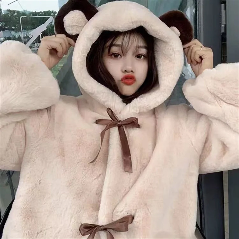 

Толстовка Женская с милым медведем, милая Студенческая утепленная кашемировая уличная одежда в стиле Харадзюку из ягненка, худи с свободны...