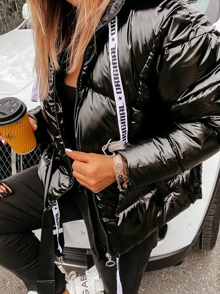 Женский стеганый пуховик парка на молнии с буквенным принтом верхняя одежда
