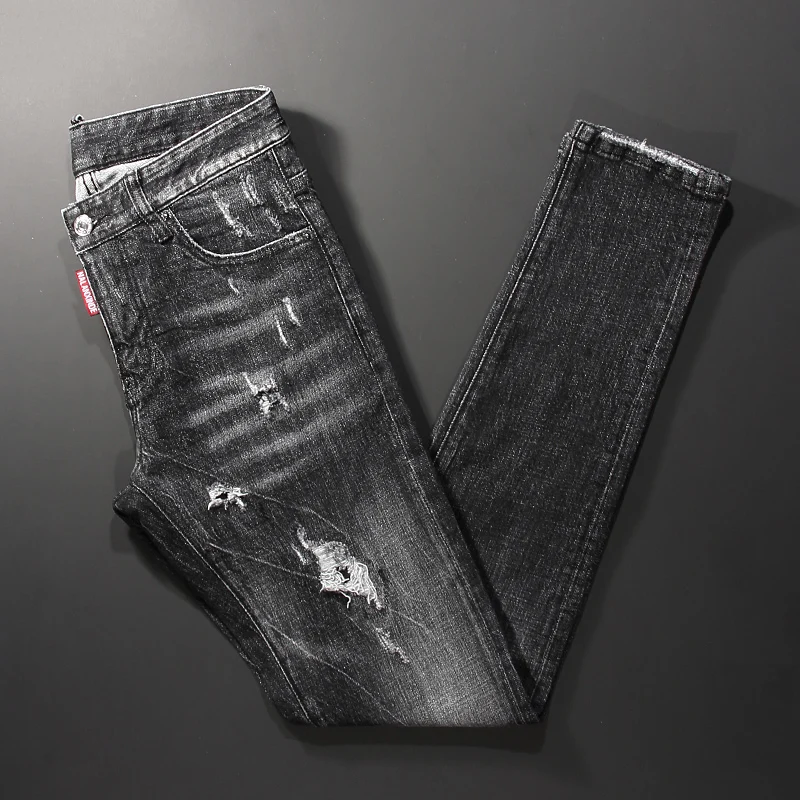 Street Style Fashion Men Jeans Retro Black Gray Elastic Slim Fit Destroyed Ripped Jeans Men Brand Designer Hip Hop Denim Pants