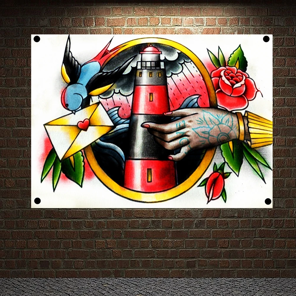 

Dear Jane - Hers TTattoo Banners Vintage Canvas Painting Retro Wall Art Print Posters Mural Hanging Flags 4 Gromments in Corners