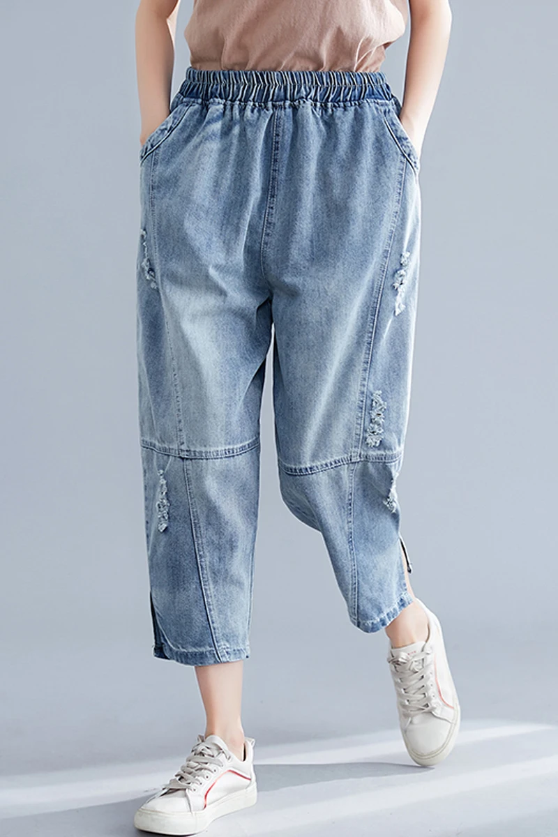 

Blue Denim Trousers Harem Pants Mid-Waist Pockets Patchwork Elastic Loose Plus-Size Summer Women