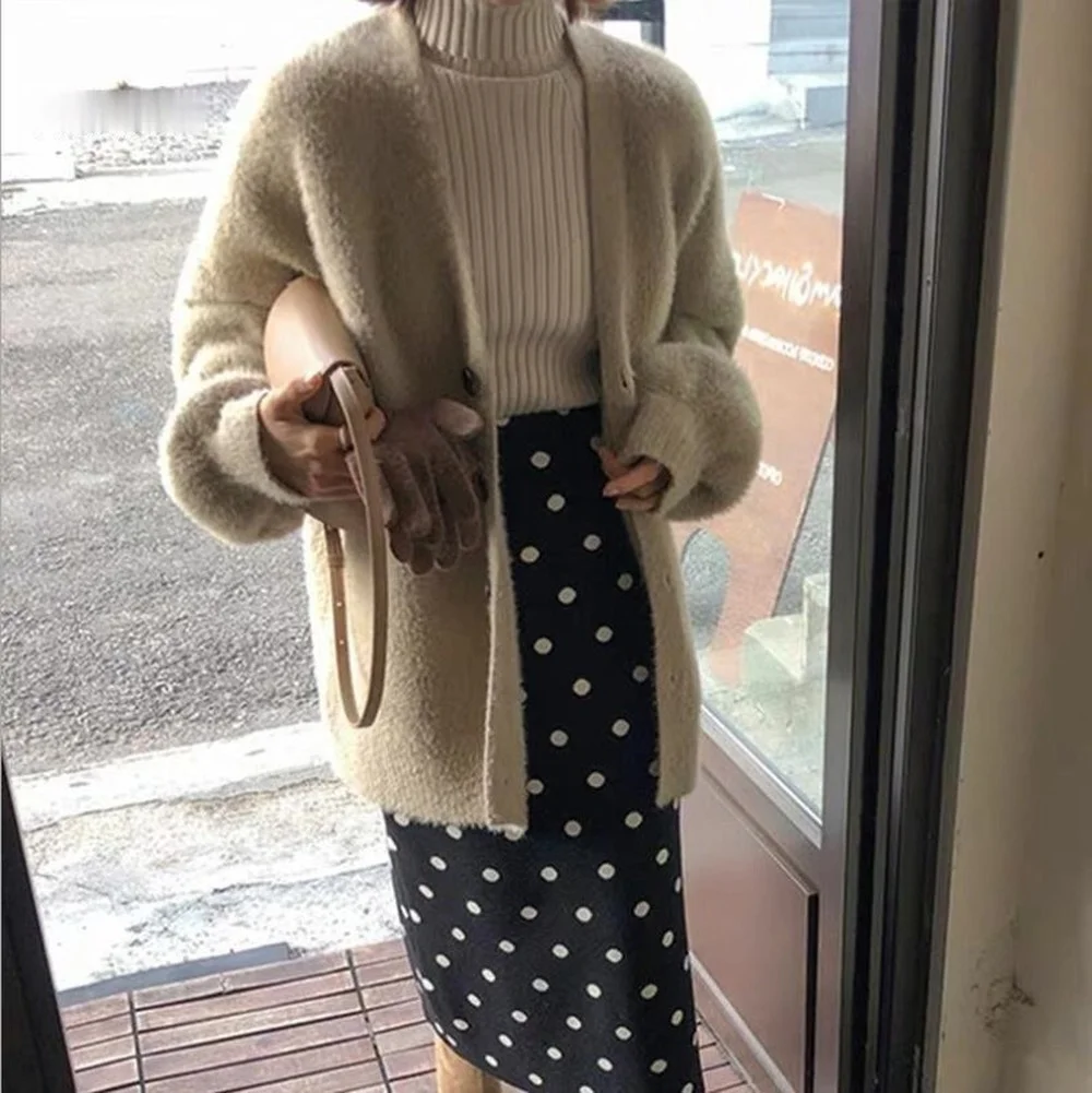 Женский однобортный Кардиган свободный облегающий вязаный свитер средней длины