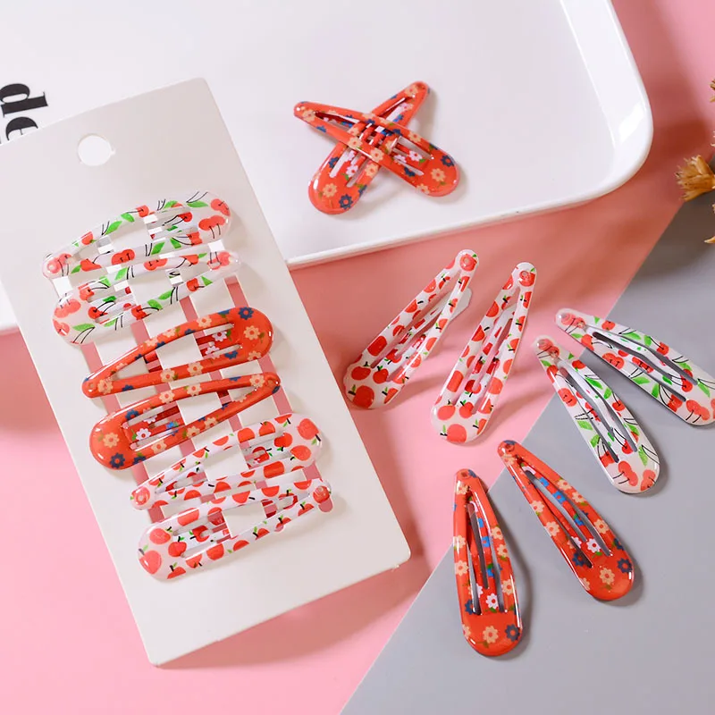 6Pcs/Set Korean Cute Print Flower Cherry Snap Hair Clips Metal Hairpins Barrettes for Women Girls Natural Clip Ins | Красота и
