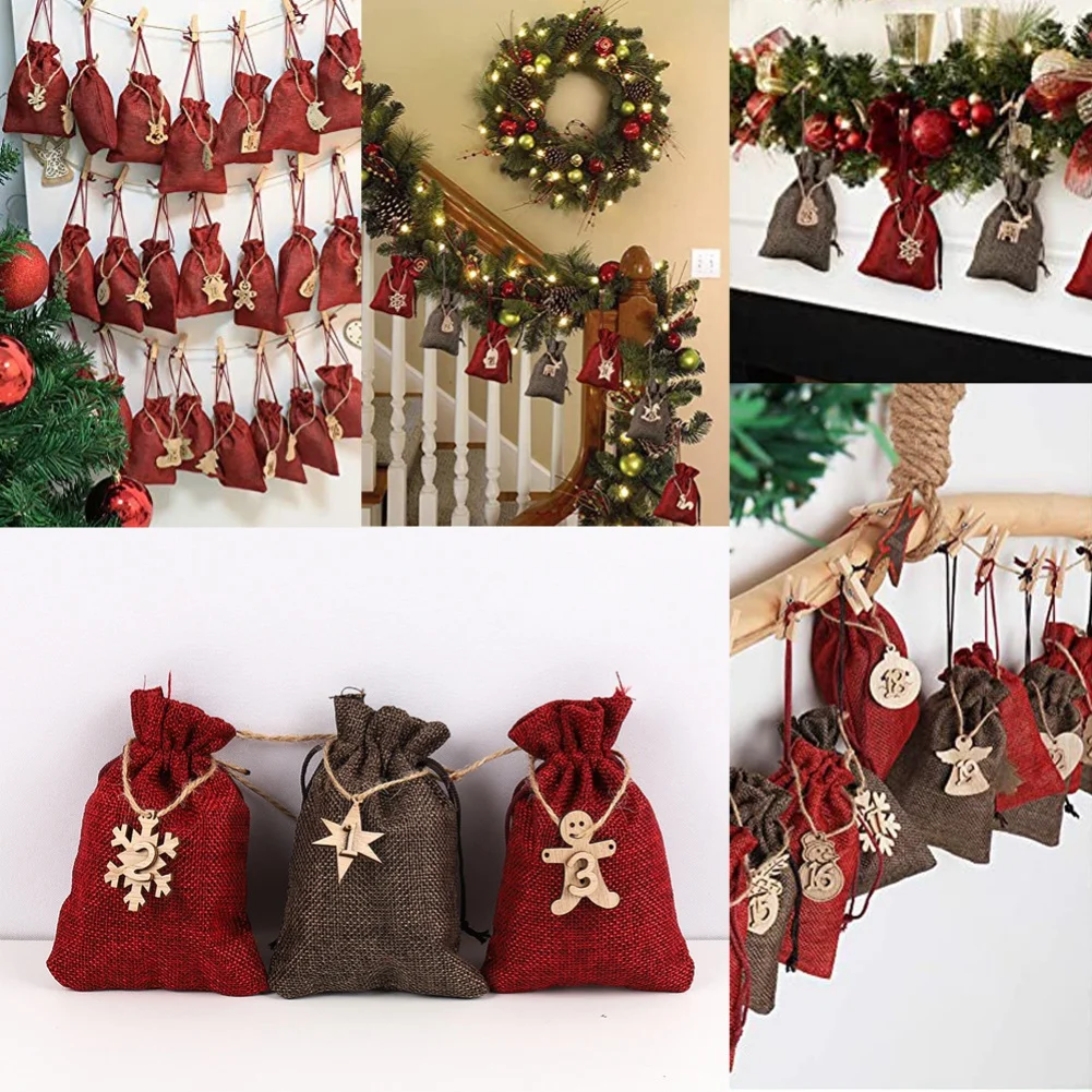 

Imitation Linen Mini Candy Bag With Drawstring For Xmas Tree Hanging Decoration Pendant Red/Brwon