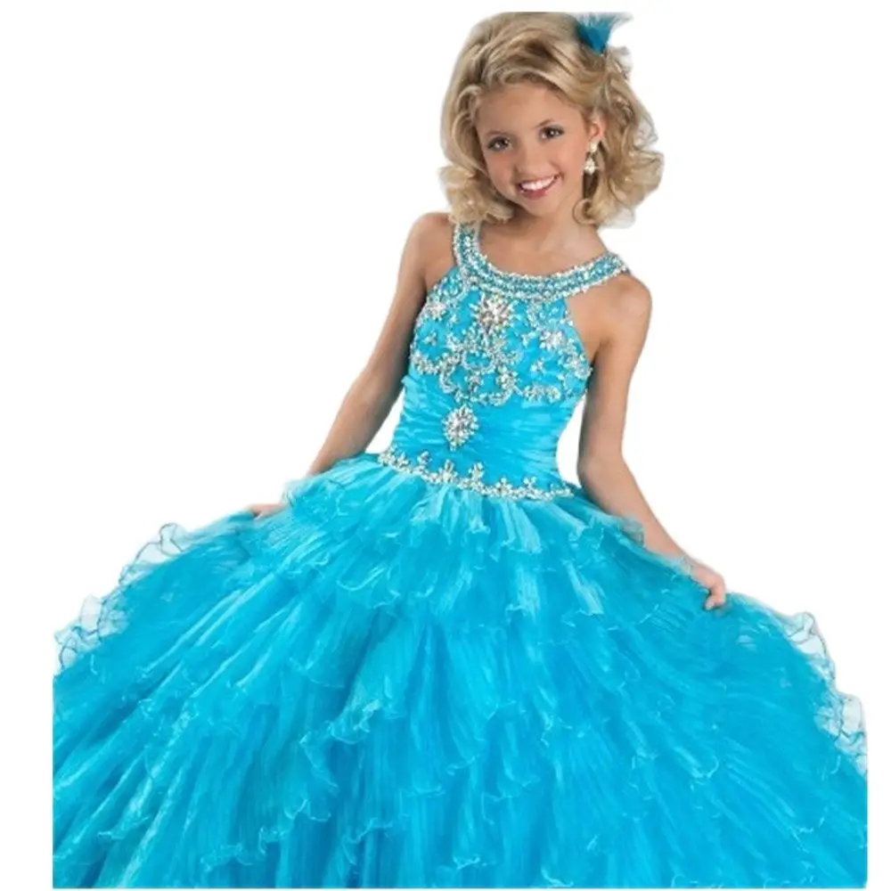 

Organza Ball Gown Little Rosie Pageant Dresses Halter Sleeveless Rhinestone Layered Ruffles Girl's Pageant Dresses