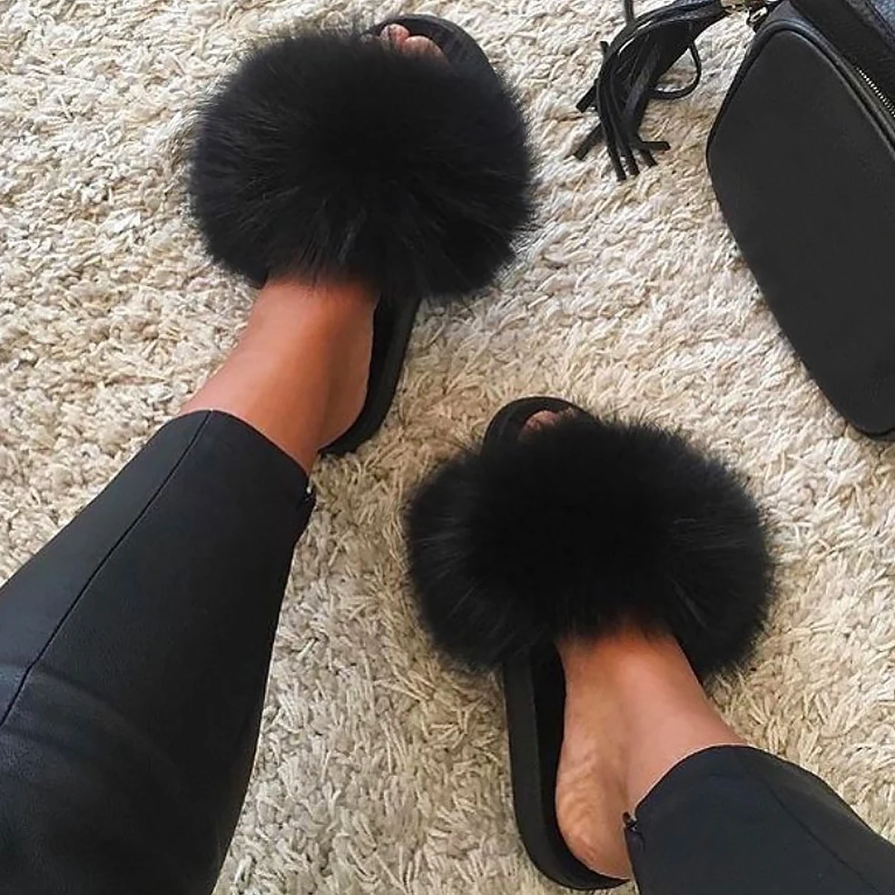 2021 Lady Real Fox Fur Slippers Slides Plus Raccoon Fur Flip Flops Summer Extra Large Hair Sandals Flat Shoes