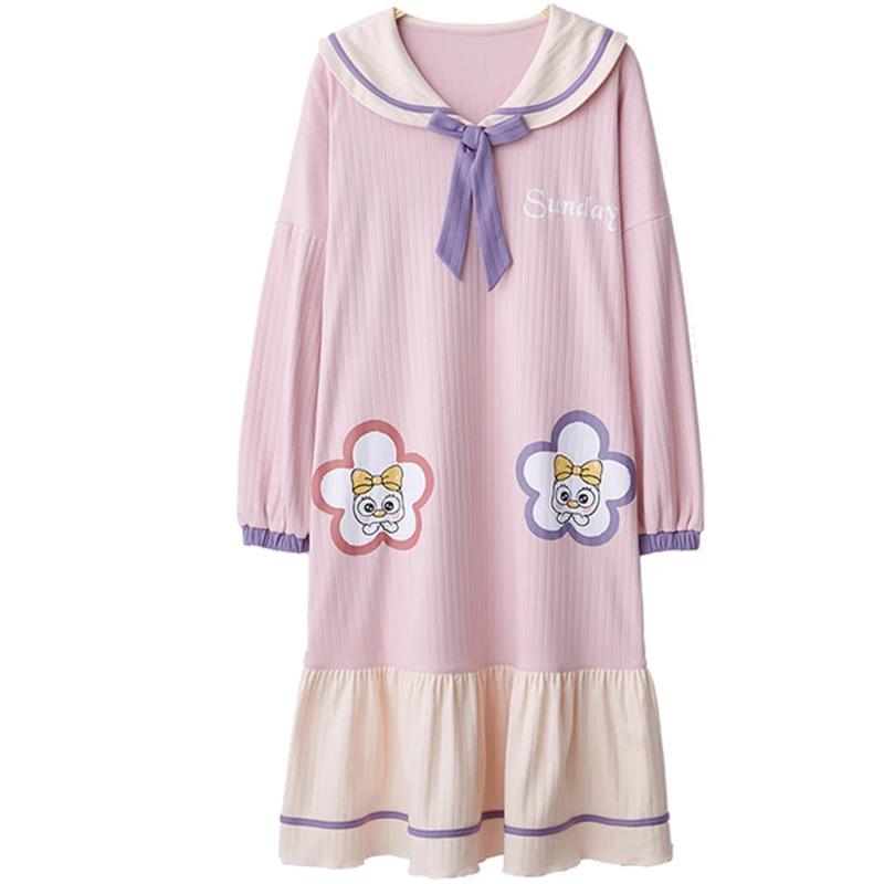 

Korean Style Autumn Spring Cotton Nightdress for Women Plus Size Printing Loose Sleepwear Sweet Turn Down Collar Homewear Ladies