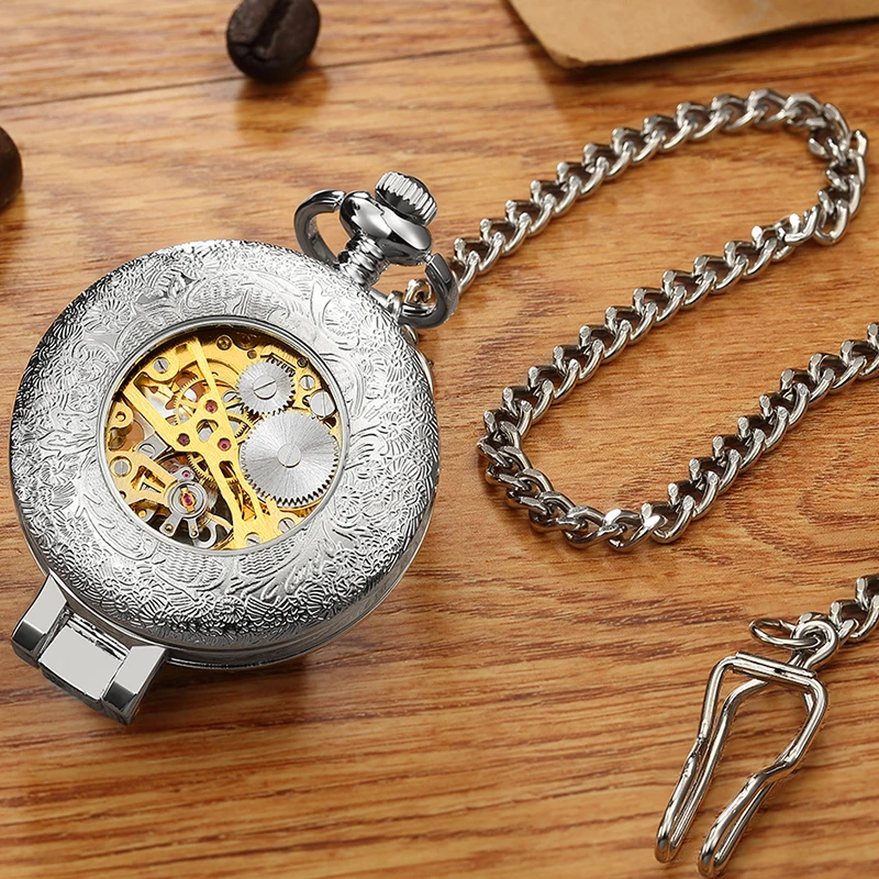 Luxury Mechanical Movement Pocket Watch Magnifying Glass Stylish Hollow Dial Roman Numeral Dial with FOB Chain Foldable Case New