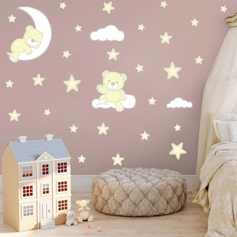 

Cute Moon Clouds Stars Teddy Bear Wall Stickers For Kids Baby Room Decor Nursery Art Decorative Murals Child Bedroom Decals