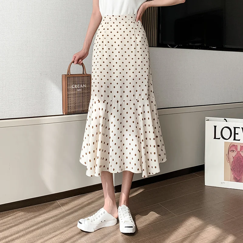 

Женская юбка-годе с высокой талией, длинное шифоновое платье миди с текстурированным принтом в горошек и поясом на резинке, осень 2021