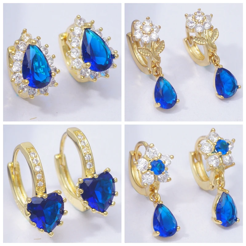 Серьги кольца женские с цирконом милые золотым наполнителем темно синим