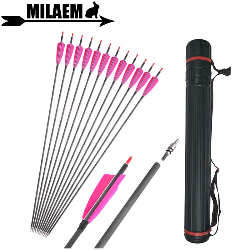 

6/12pcs Archery Carbon Arrows with Arrow Quiver 4inch Turkey Feather 35" Spine 400 Recurve Compound Bow Shooting Accessories