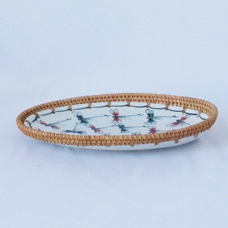 

Handmade Rattan Serving Plate Oval Ceramic Porcelain Fruit Dessert Food Storage Container Tray Dish for Home Living Room