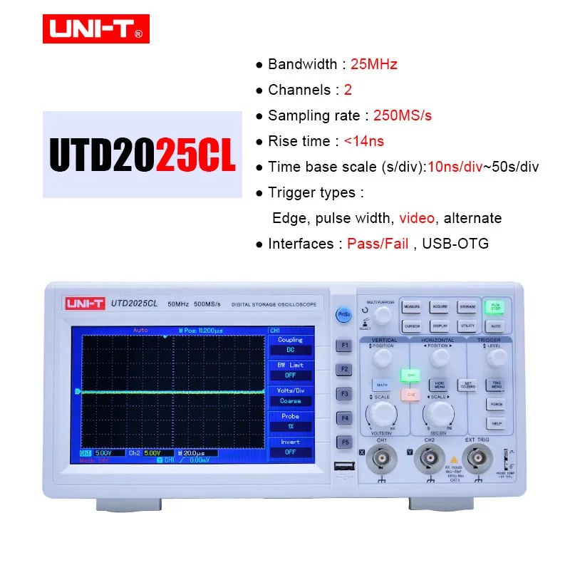 UTD2025CL 25MHz UNI-T UTD2025CL UTD2052CL Цифровые запоминающие осциллографы 2 Каналы 250-500 мс/с частота дискретизации 7-дюймовая TFT ЖК-дисплей Scopemeter 100-240VAC - Цвет: UTD2025CL 25MHz
