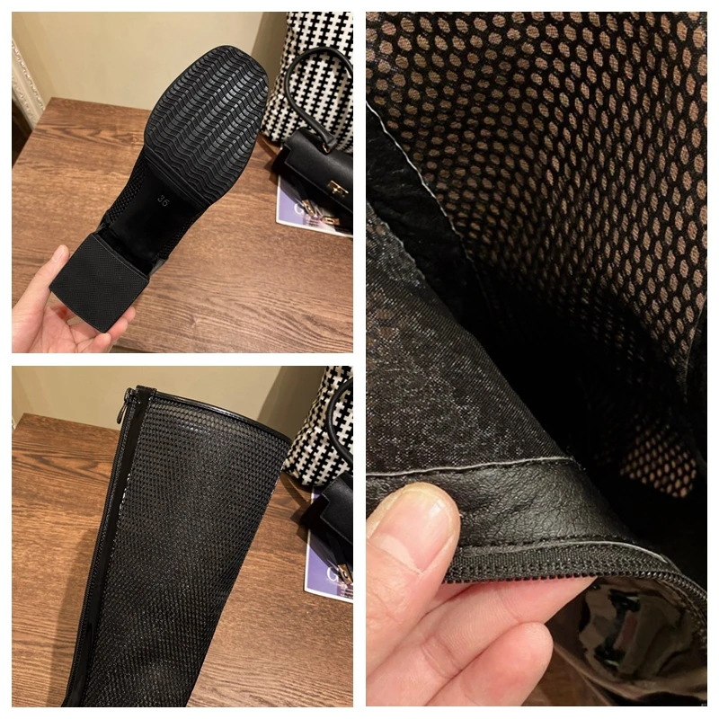 

ORCHALISA Women Knee Boots New 2021 Square Toe 5cm Heels Patent Leather Mesh Zip All-Match Big Size 43 Casual Date Summer A3377