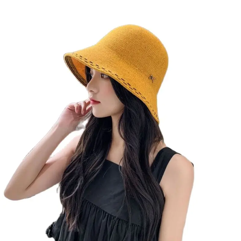 2021 New Korean Pure Color Linen Bucket Hats Spring Summer Brand Wide Brim Net Cap For Women Beach Sun Block Hat