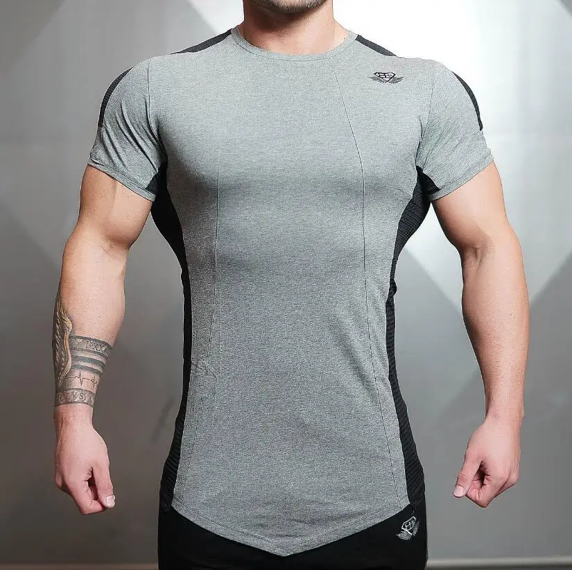T04 gray Новая мужская облегающая футболка с коротким рукавом фитнес-организация спортзалы фитнесс фитнес сплайсинга хлопчатобумажная футболка Размер m-xxl - Цвет: T04 gray