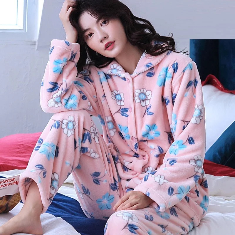 StyleE H5823 плюшевый женский Пижамный костюм женский уплотненный коралловый флис Домашняя одежда Ночная Рубашка Фланелевая пижама с длинными рукавами Осень-зима - Цвет: StyleE