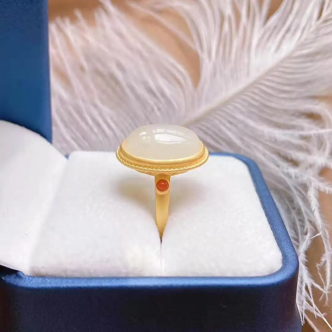 

Natural Hetian Jade Egg Surface Ring Women's Open Adjustable Fat Hand Large Retro Chinese Royal Court Style Ring Ornament