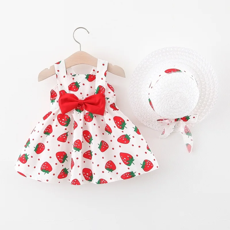 

Summer Baby Girl Clothes Korean Infant Print Sleeveless Cotton Beach Dress+Sunhat Princess Dresses Cute Bow Toddler Girls Dress