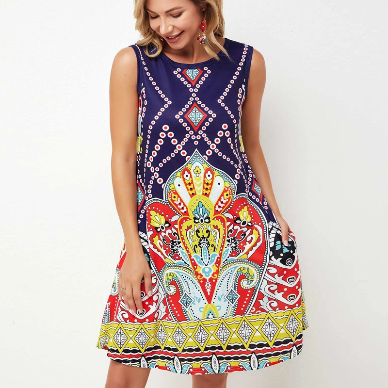 

Винтажное женское платье с цветочным принтом, модное Повседневное платье-трапеция без рукавов, с круглым вырезом, мини-платья, женский пляж...