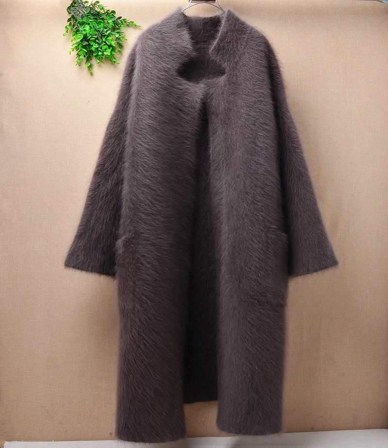 

female women winter thick warm mink cashmere long sleeves suit collar long sleeves loose cardigan angora fur jacket coat sweater