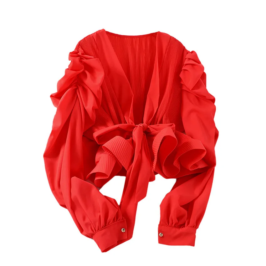 

2021 New Fashion Designer Ruffle Chiffon Blouse Puff Sleeve Elegant Shirt Women Tops White Shirts Slim Waist Blusa Mujer