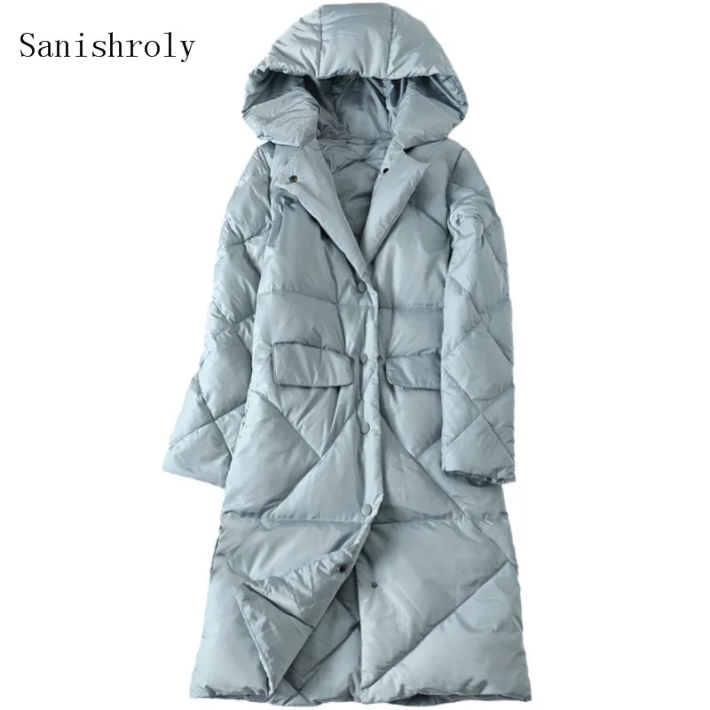 Sanishroly Женская Длинная Верхняя одежда с капюшоном тонкая теплая плотная куртка на