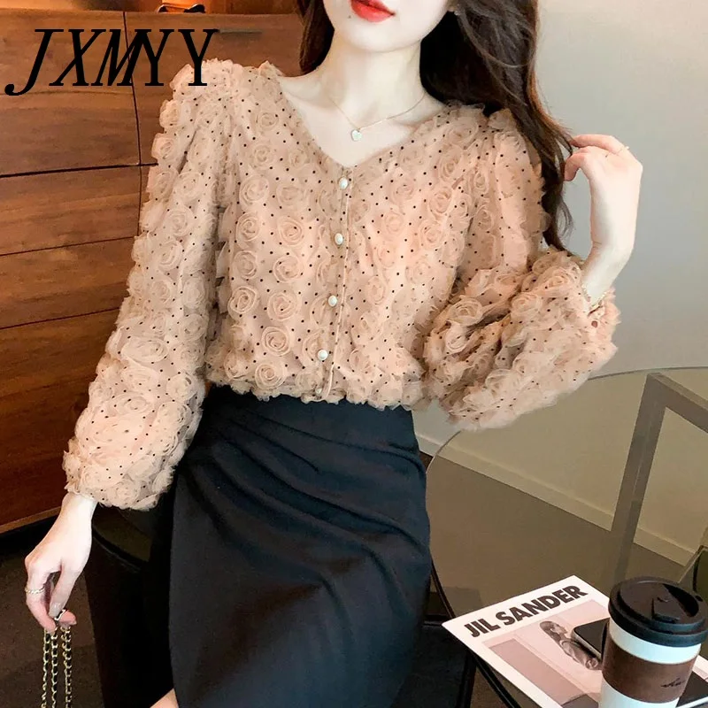 JXMYY 2022 Spring New Fashion Three-Dimensional Flower Lace Bottoming Shirt Female V-Neck Design Elegant Temperament Blouse | Женская