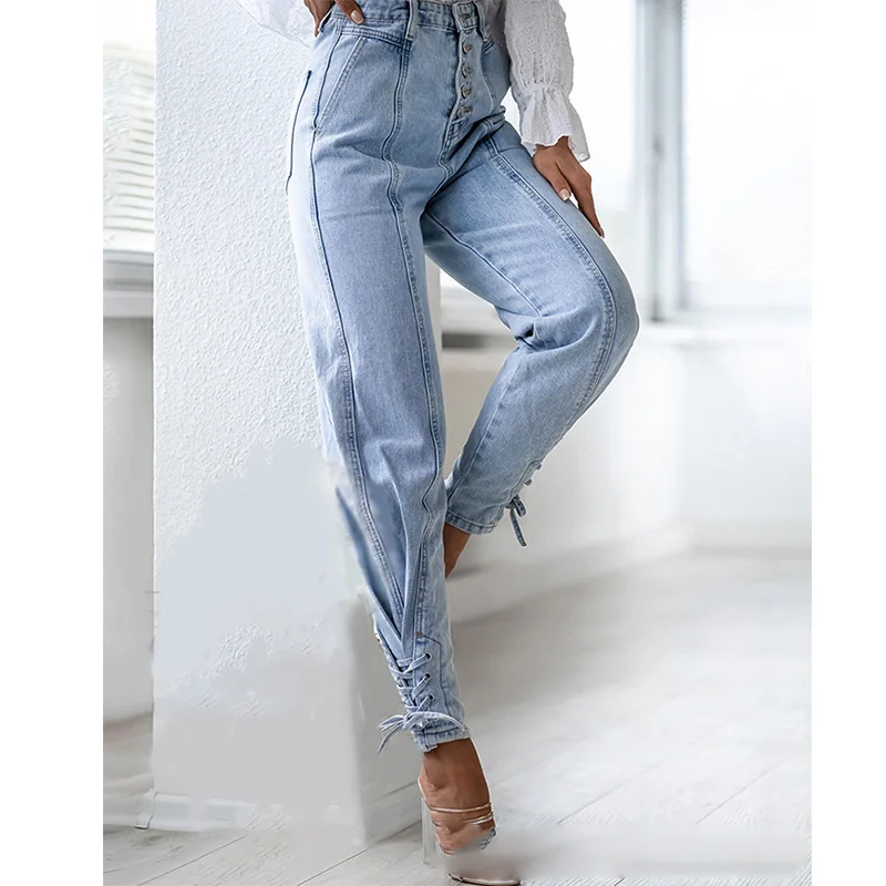 

Women Jeans 2021 Women's New Jeans Pants Fashion Button Bandage Jeans Streetwear Pencil Pants Blue Jeans for Women