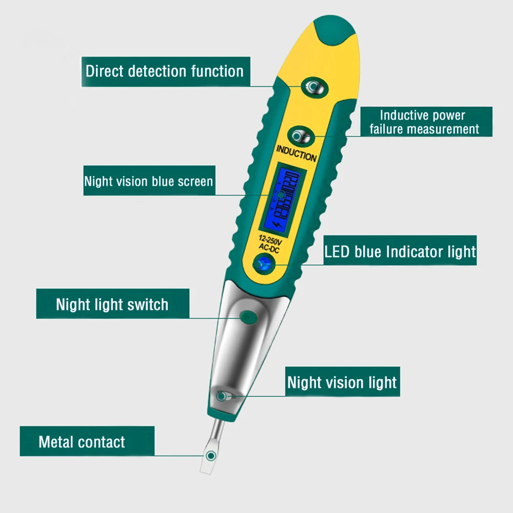Цифровой тестовый карандаш для электрики с ЖК-дисплеем, отверткой-детектором и диапазоном напряжения от 12 до 250 Вольт.