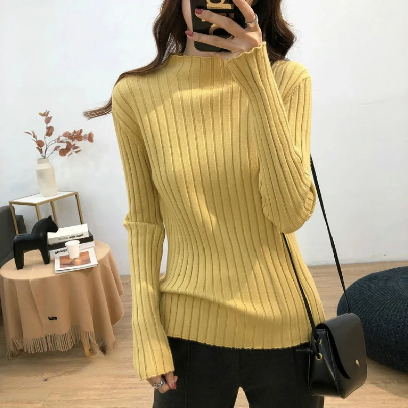 

woman Autumn and winter half high collar bottoming shirt Korean loose elastic solid color thin section with women's sweater