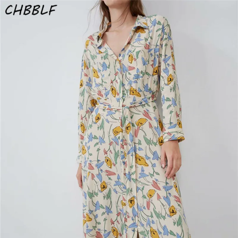CHBBLF женское стильное платье рубашка с цветочным принтом длинными рукавами и
