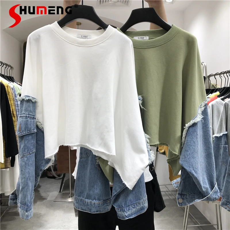 

Fall 2021 New Y2k Personalized Denim Patchwork Batwing Sleeve Stitching Hoodie for Women Grunge Loose Pullover Sweatshirt Women